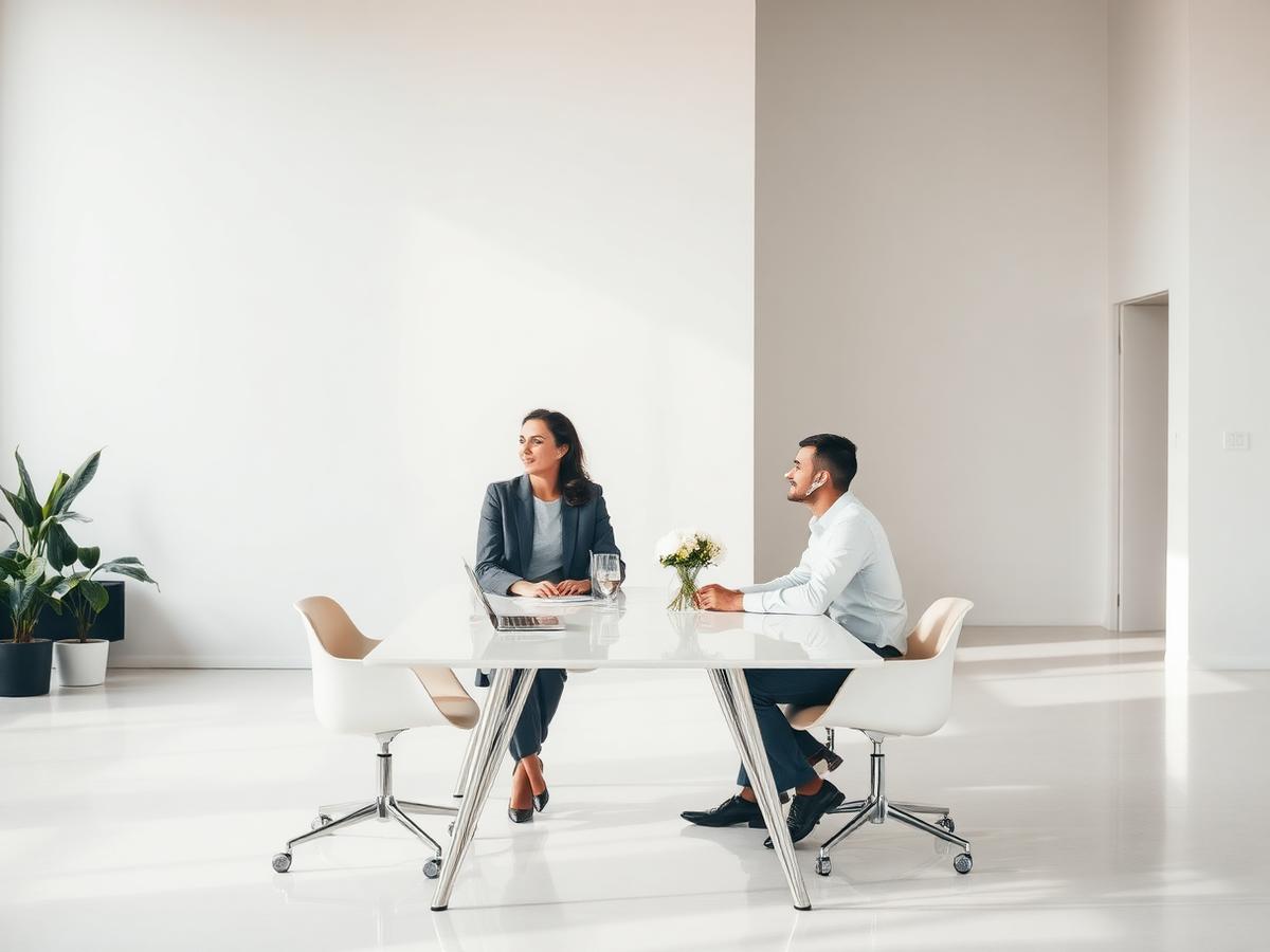 Two professionals in conversation at an office table in daylight